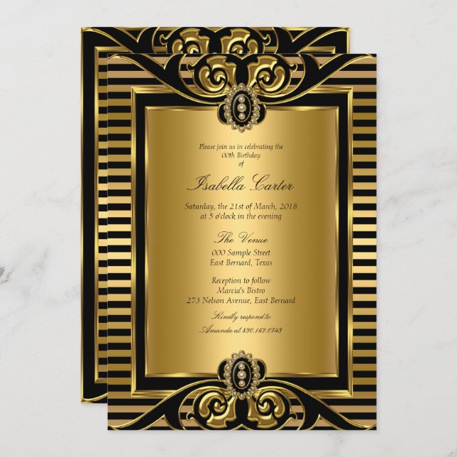 Invitación Art Deco Stripe Gold Black Birday Party 2 (Anverso / Reverso)