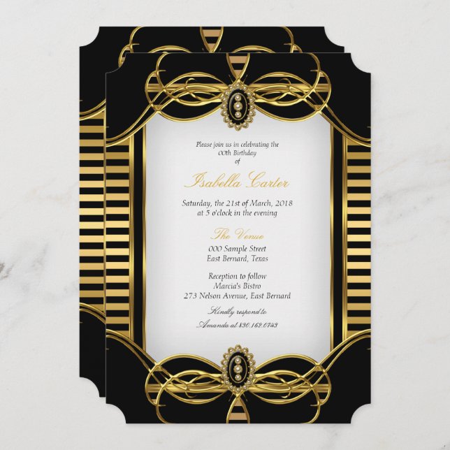 Invitación Art Deco Stripe Golden Black Cumpleaños Party (Anverso / Reverso)