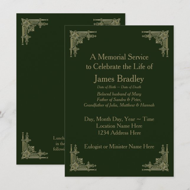 Invitación Art Deco Style Green Memorial Service (Anverso / Reverso)