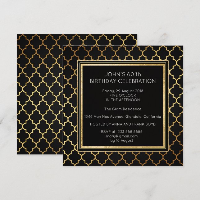 Invitación Art Deco Suprise Cumpleaños Relieve metalizado Dor (Anverso / Reverso)