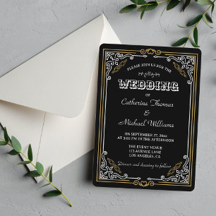 Invitación Art Decó Vintage Elegante Boda Oro Blanco Negro