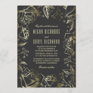 Invitación Art Deco Vintage Floral Black and Gold Boda