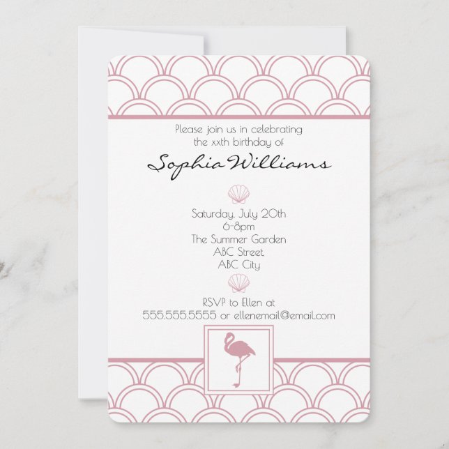 Invitación Art Deco Wave Patten Flamingo Rosa Cumpleaños (Anverso)