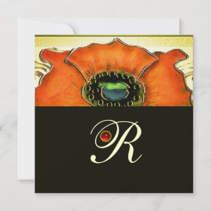 INVITACIÓN ART NOUVEAU  AMAPOLA ROJA VERDE ESTILIZADA MONOGRA