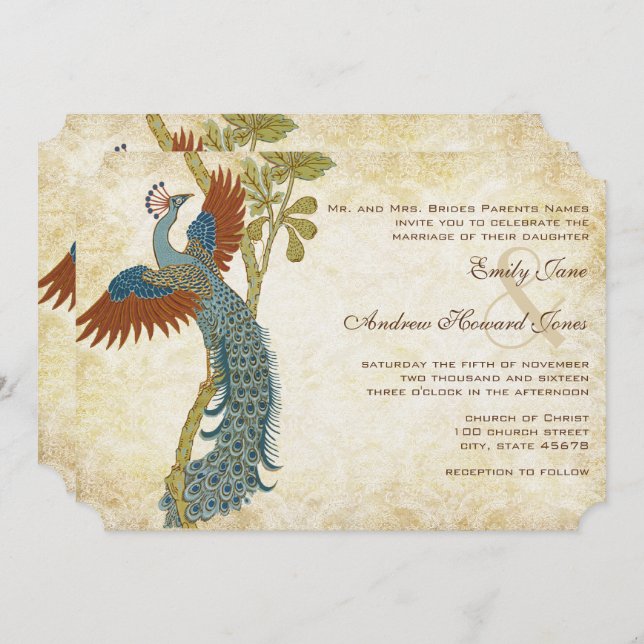 Invitación Art Nouveau Art Deco Peacock Birds Boda (Anverso / Reverso)