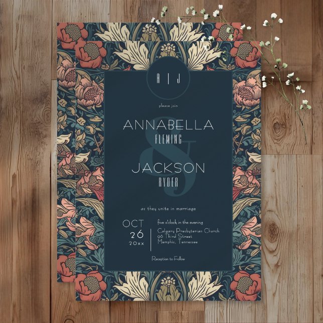Invitación Art Nouveau Blue William Morris Floral Wedding (Art Nouveau Blue William Morris Floral Wedding Invitation)