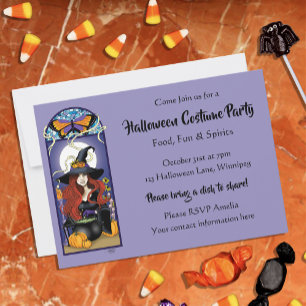 Invitación Art Nouveau Bruja de Otoño Calabazas Luna Púrpura