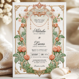 Invitación Art Nouveau Coral Floral & Gold Boda