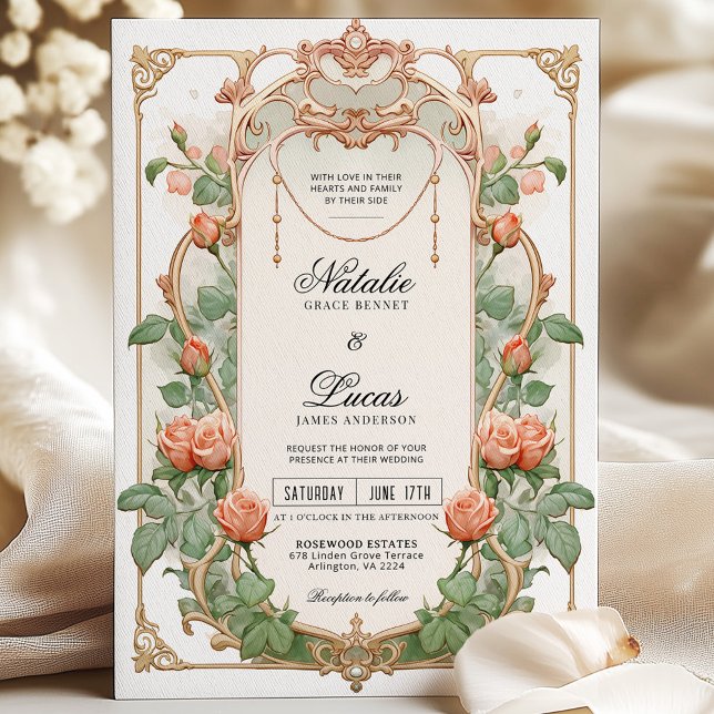 Invitación Art Nouveau Coral Floral & Gold Boda (Subido por el creador)