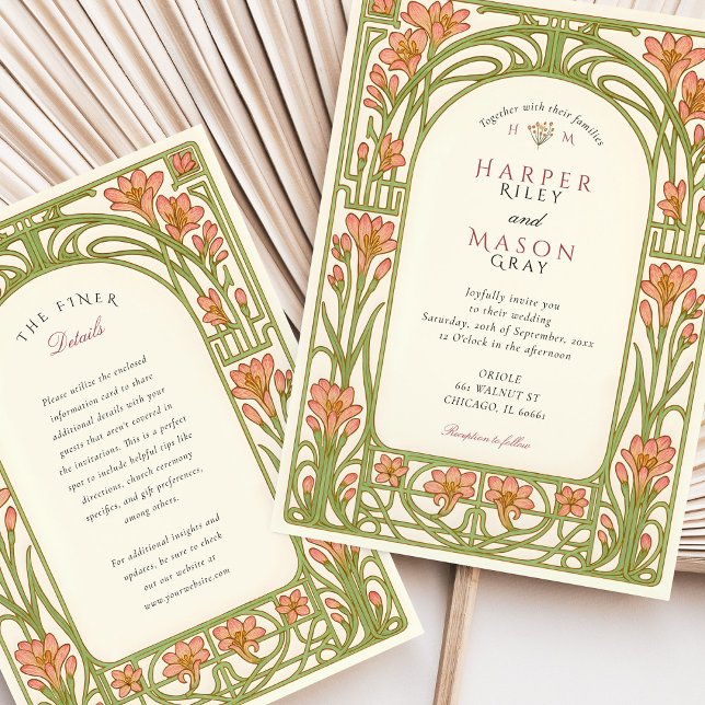 Invitación Art Nouveau Coral Lily Boda arquitectónico (Subido por el creador)