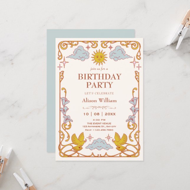 Invitación Art nouveau Cumpleaños celestial (Anverso/Reverso In Situ)