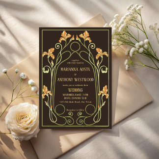 Invitación Art nouveau dark brown elegant wedding