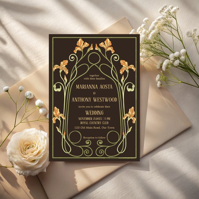 Invitación Art nouveau dark brown elegant wedding (Art nouveau dark brown floral arch elegant wedding invitation cards template)