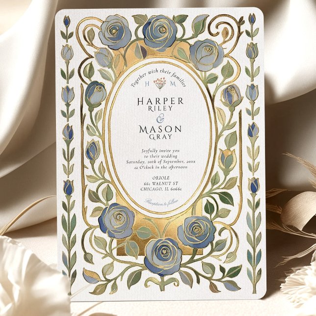 Invitación Art Nouveau Dusty Blue & Gold Roses Wedding (Subido por el creador)