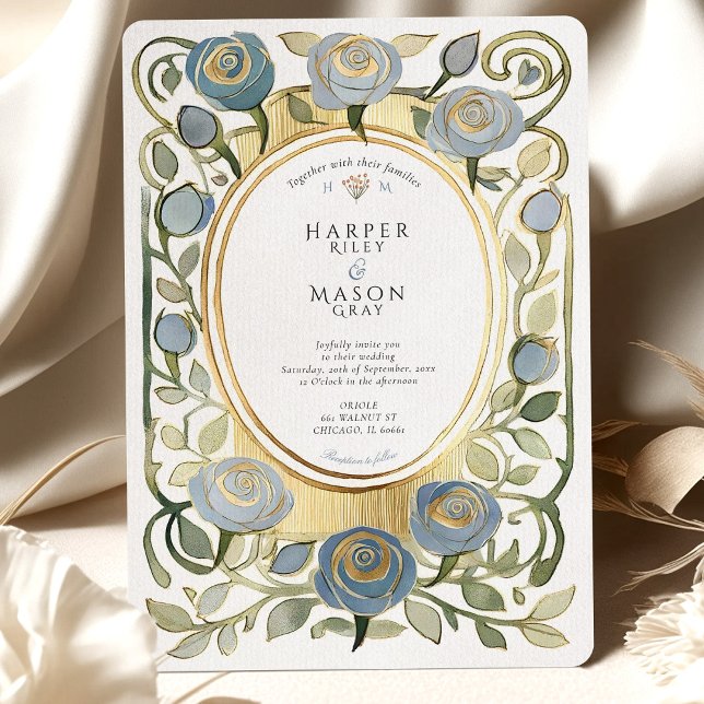 Invitación Art Nouveau Dusty Blue & Gold Roses Wedding (Subido por el creador)