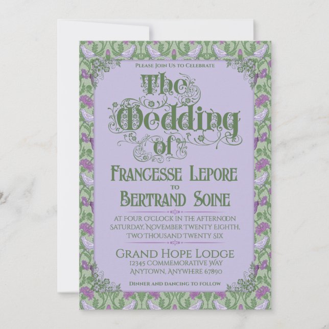 Invitación Art Nouveau Elegant Lovebirds Lavender (Anverso)