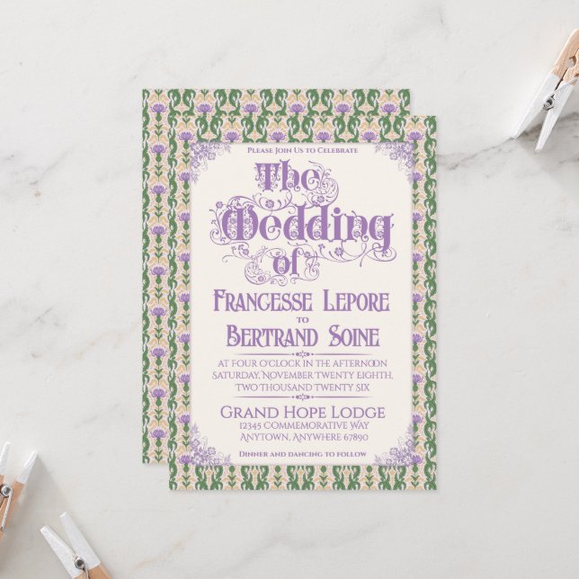 Invitación Art Nouveau Elegant Thistle Butter Yellow (Anverso/Reverso In Situ)