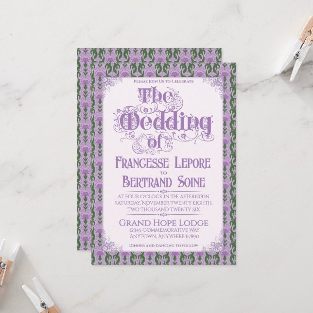 Invitación Art Nouveau Elegant Thistle Lilac (Anverso/Reverso In Situ)