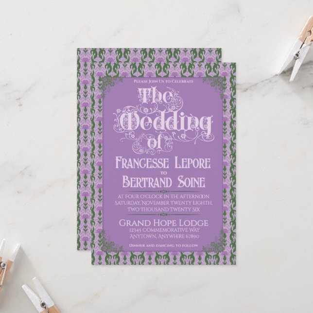 Invitación Art Nouveau Elegante Cardo Real Lavanda (Anverso/Reverso In Situ)