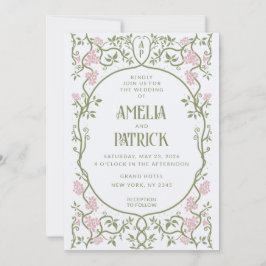 Invitación Art Nouveau Floral Green y Boda Rosa