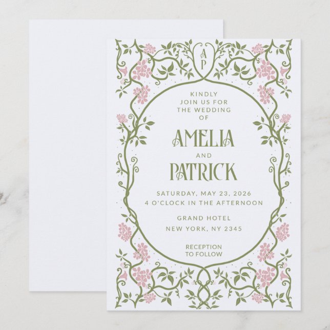 Invitación Art Nouveau Floral Green y Boda Rosa (Anverso / Reverso)
