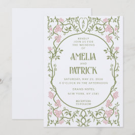 Invitación Art Nouveau Floral Green y Boda Rosa