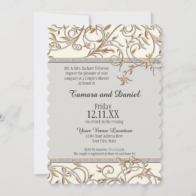 Invitación Art Nouveau Floral Leaf Swirl Jewel w Gold Look (Anverso)