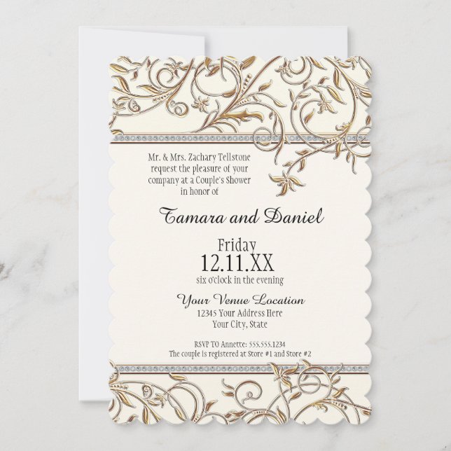 Invitación Art Nouveau Floral Leaf Swirl Jewel w Gold Look (Anverso)