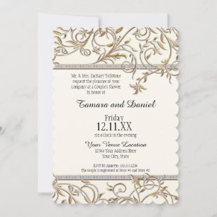 Invitación Art Nouveau Floral Leaf Swirl Jewel w Gold Look
