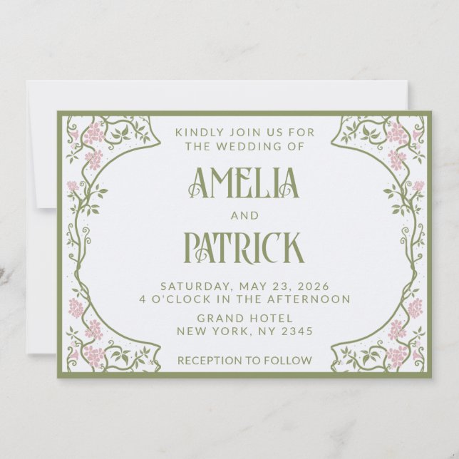 Invitación Art Nouveau Floral Wedding Green and Pink (Anverso)