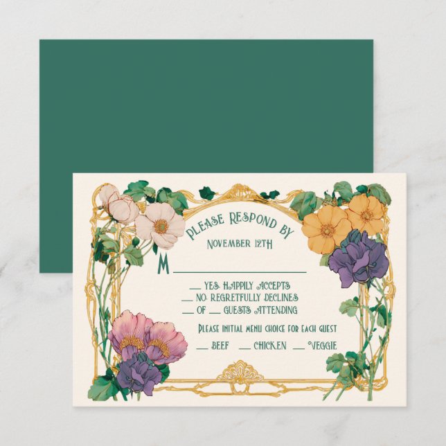 Invitación Art Nouveau Floral Wedding RSVP response card (Anverso / Reverso)