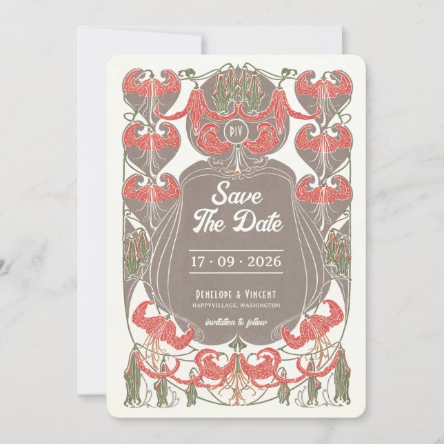 Invitación Art Nouveau Fuchsia Elegance Save the Date (Anverso)