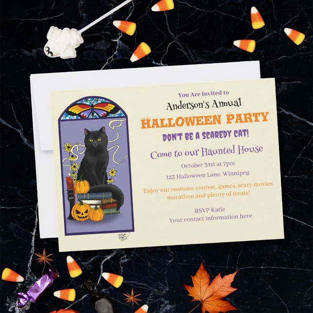 Invitación Art Nouveau Gato Negro Calabaza Púrpura Otoño Amar (Subido por el creador)