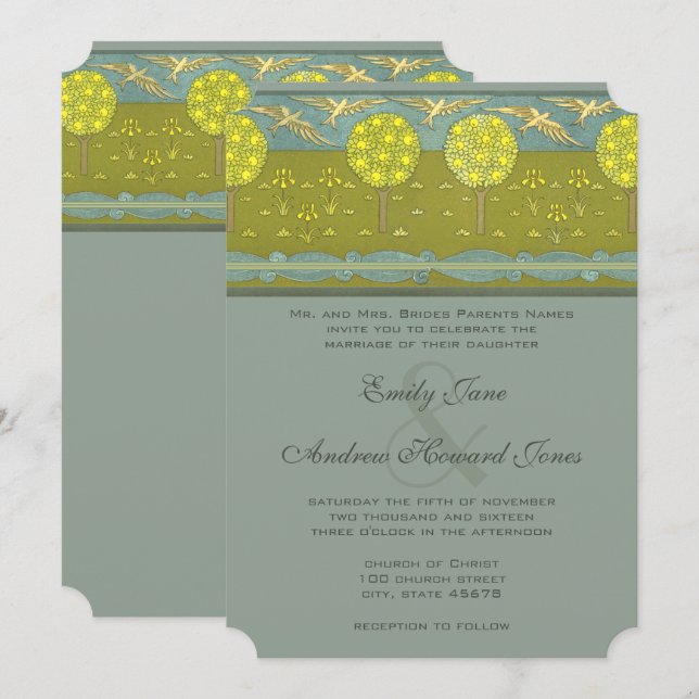Invitación Art Nouveau Lemon Tree Vintage Bird Boda (Anverso / Reverso)