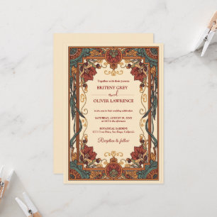Invitación Art Nouveau Mucha vintage Floral Boda burgundy
