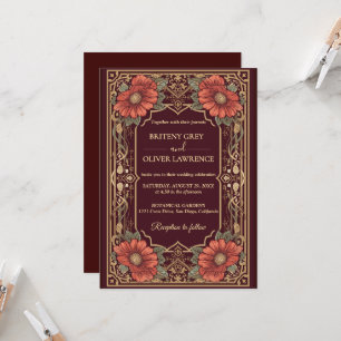 Invitación Art Nouveau Mucha vintage Floral Boda burgundy