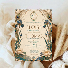 Invitación Art Nouveau Pavón Boda Teal Gold Botánico