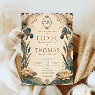 Invitación Art Nouveau Pavón Boda Teal Gold Botánico