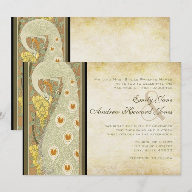 Invitación Art Nouveau Peacock Love Birds Boda (Anverso / Reverso)