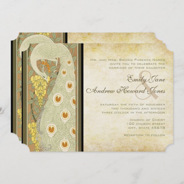 Invitación Art Nouveau Peacock Love Birds Boda (Anverso / Reverso)
