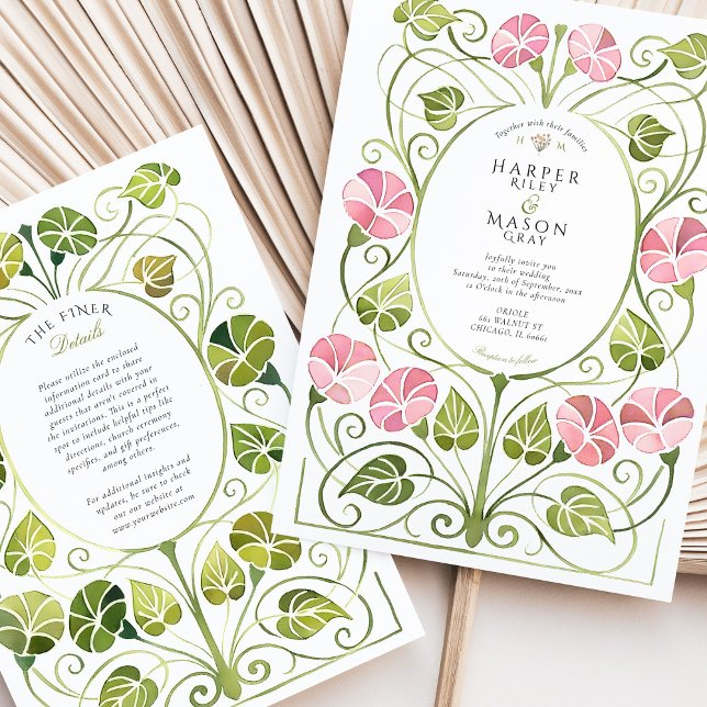 Invitación Art Nouveau Pink Greenery Foliage Wedding (Subido por el creador)