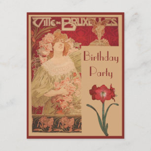Invitación Art Nouveau Red Amaryllis y el partido de cumpleañ