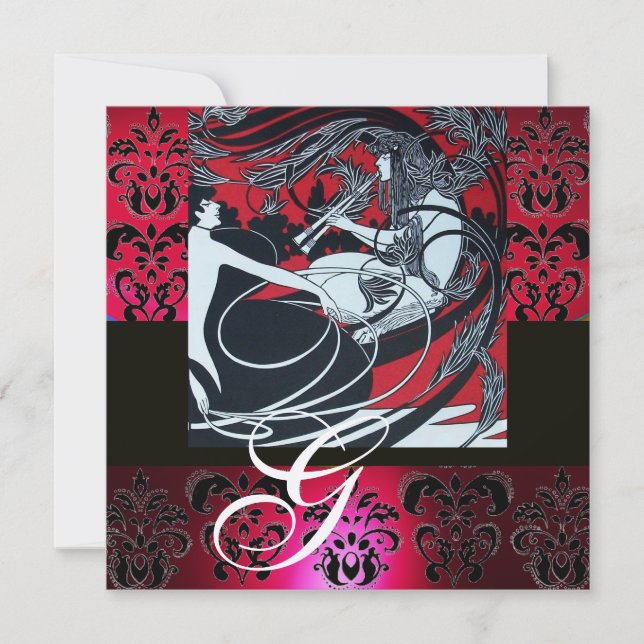 INVITACIÓN ART NOUVEAU RED BLACK CHAMPAGNE DAMASK MONOGRAM (Anverso)