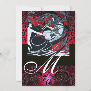 Invitación ART NOUVEAU ROJO BLANCO NEGRO DAMASK MONOGRAM, Rub