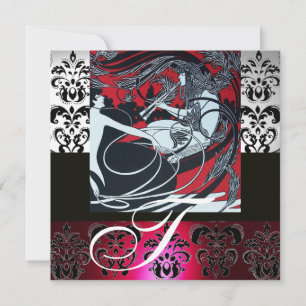 INVITACIÓN ART NOUVEAU ROJO GRIS BLANCO NEGRO DAMASK MONOGRAM