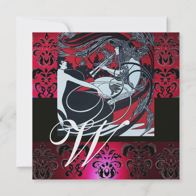 Invitación ART NOUVEAU ROJO HIELO NEGRO DAMASK MONOGRAM ,Ruby (Anverso)