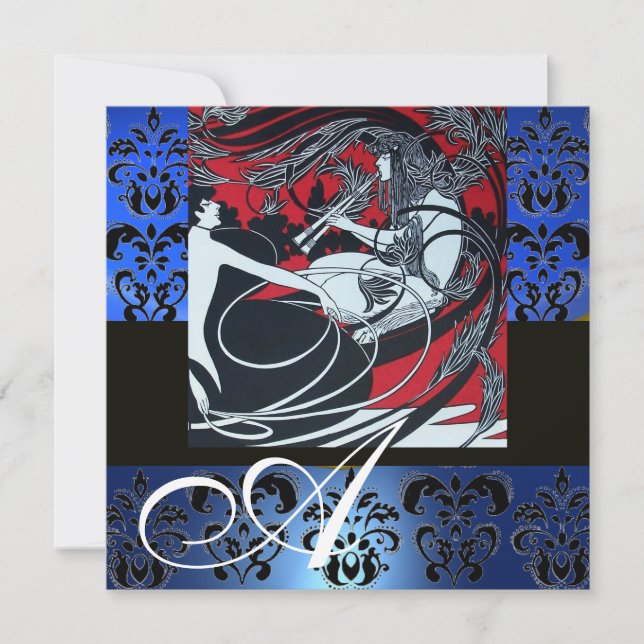 INVITACIÓN ART NOUVEAU ROJO NEGRO AZUL BLANCO DAMASCO MONOGRA (Anverso)