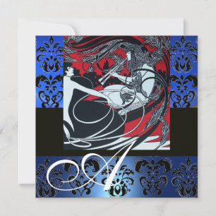 INVITACIÓN ART NOUVEAU ROJO NEGRO AZUL BLANCO DAMASCO MONOGRA