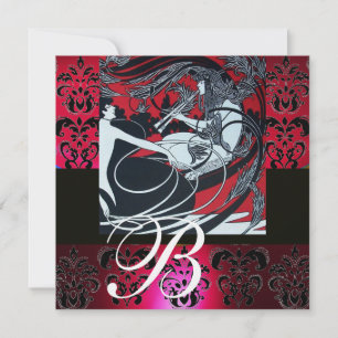 Invitación ART NOUVEAU ROJO NEGRO BLANCO DAMASCO MONOGRAMA ,r