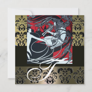 INVITACIÓN ART NOUVEAU ROJO NEGRO GRIS BLANCO DAMASCO MONOGRA